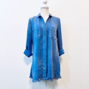 Umgee Chambray Frayed Edge Button Down Shirt Dress